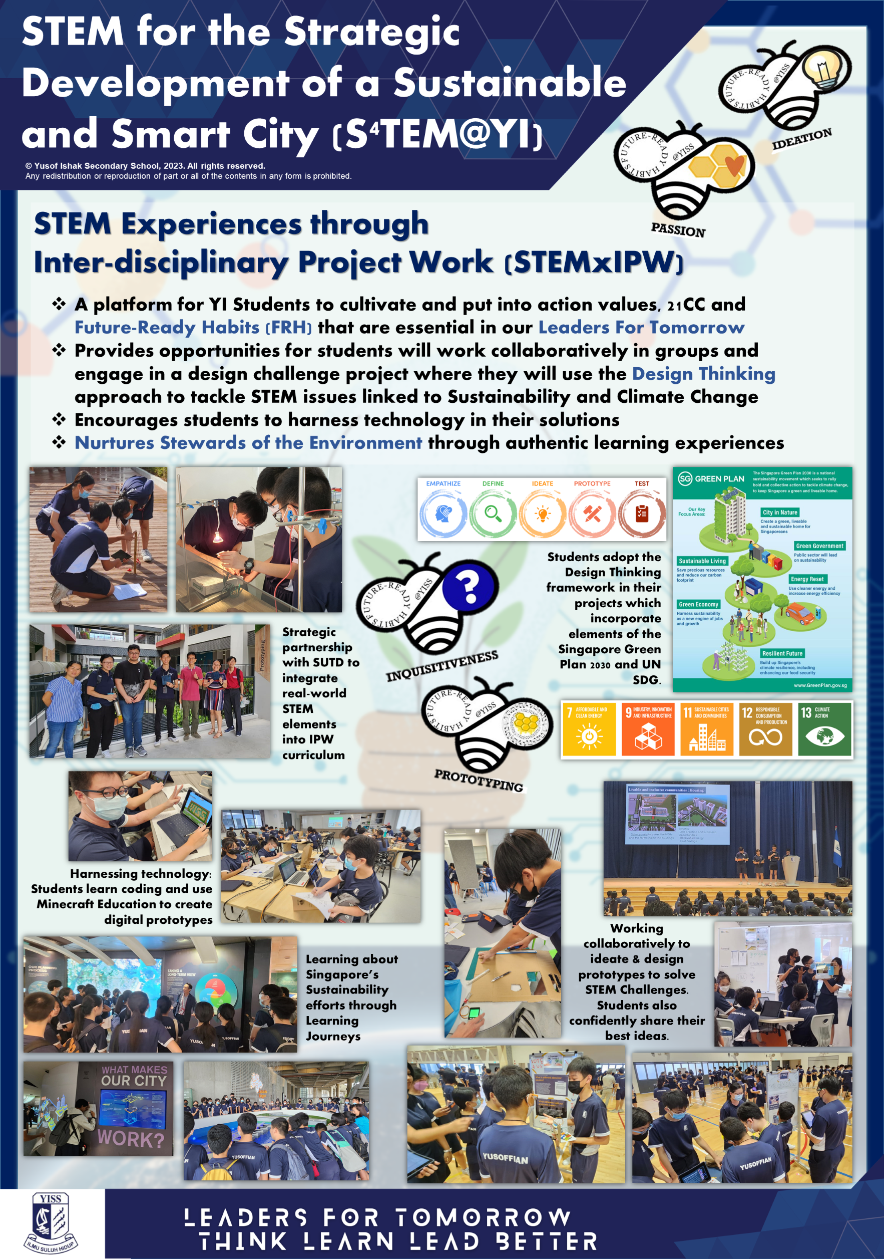 Poster on STEM project work for sustainable smart cities, with icons, bullet points, and student photos.